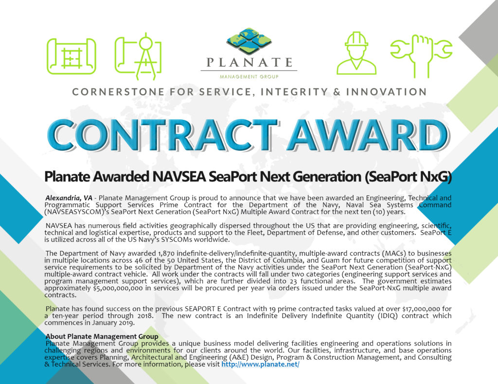 Planate Management Group Wins NAVSEA Seaport-NxG Prime Contract for Engineering, Technical, and Programmatic Support Services