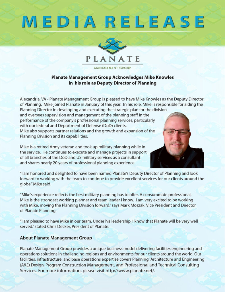 Planate Management Group Acknowledges Mike Knowles in  his role as Deputy Director of Planning