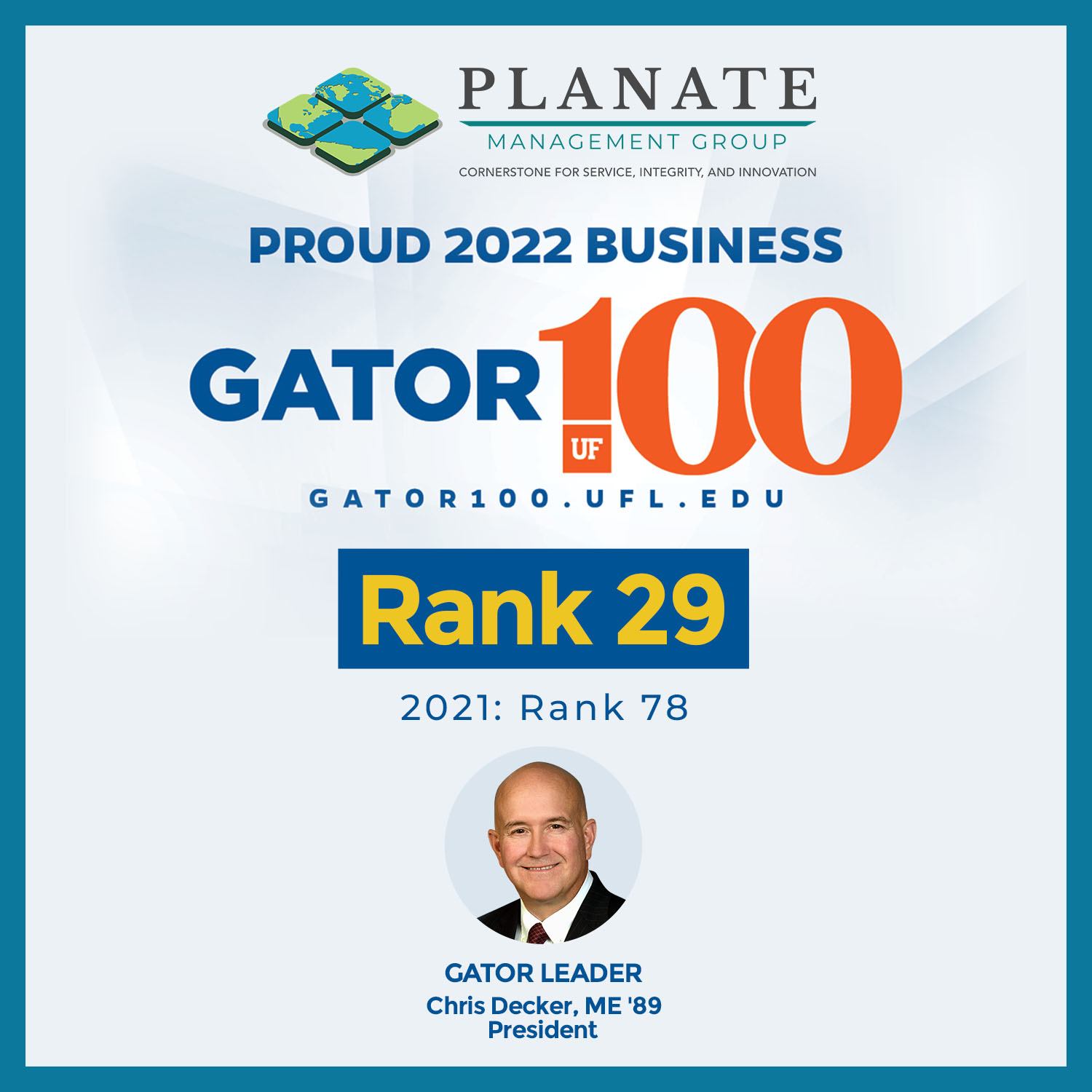 Gator100 Honoree Rank 29 Planate